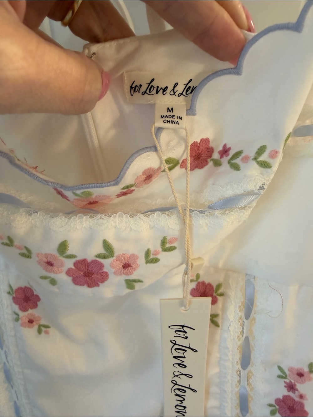 For Love & Lemons Tea Time White Midi Dress with Pink Floral Embroidery - Picture 7 of 15